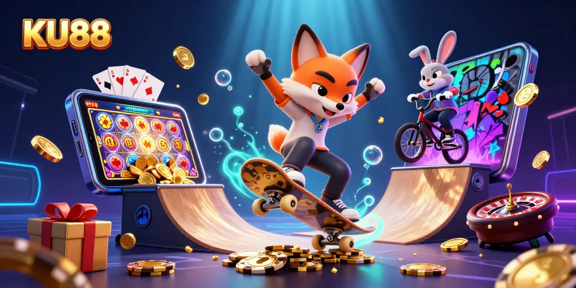 Experience the thrill of gaming with KU88's vibrant 3D casino illustration showcasing exciting features.