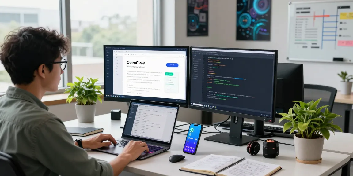 Developer using clawbot in a modern tech workspace with multiple screens and productivity tools.