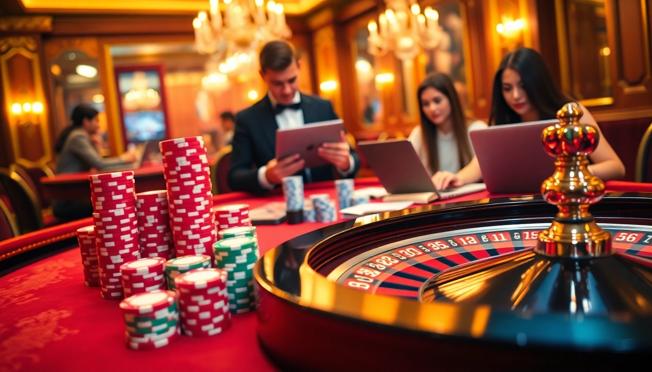 Vivez l'excitation du casino en ligne France avec des jetons de poker vibrants et une roue de roulette tournante.