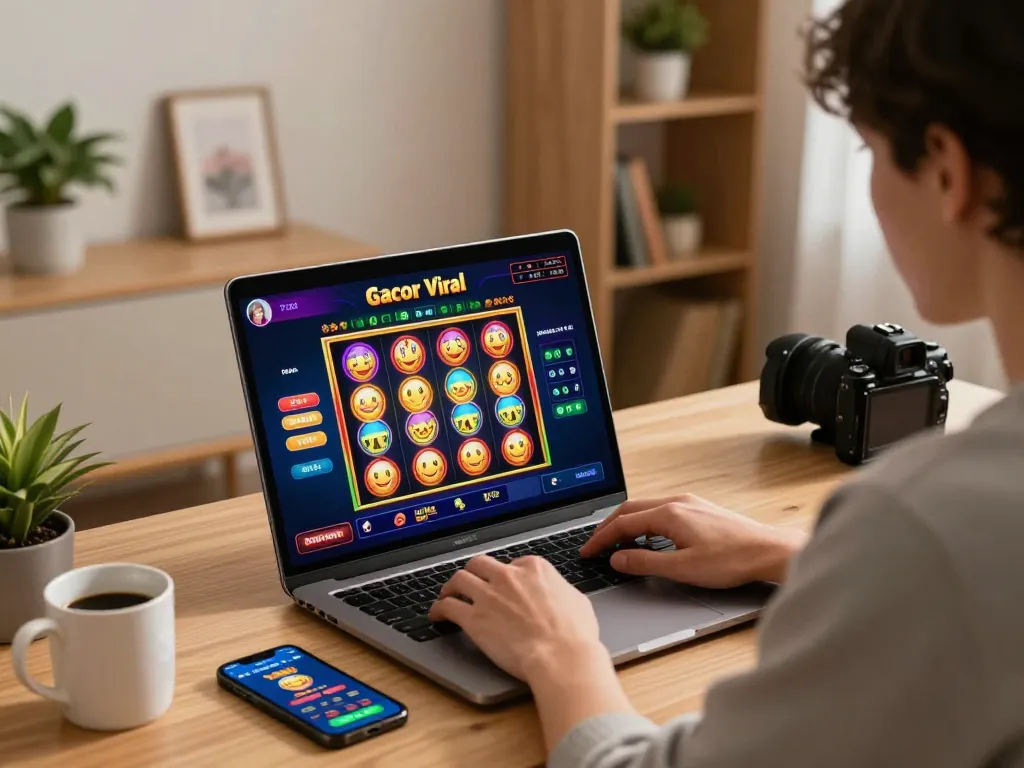 Player engaged in a slot gacor viral game on laptop, showcasing home online gambling atmosphere.