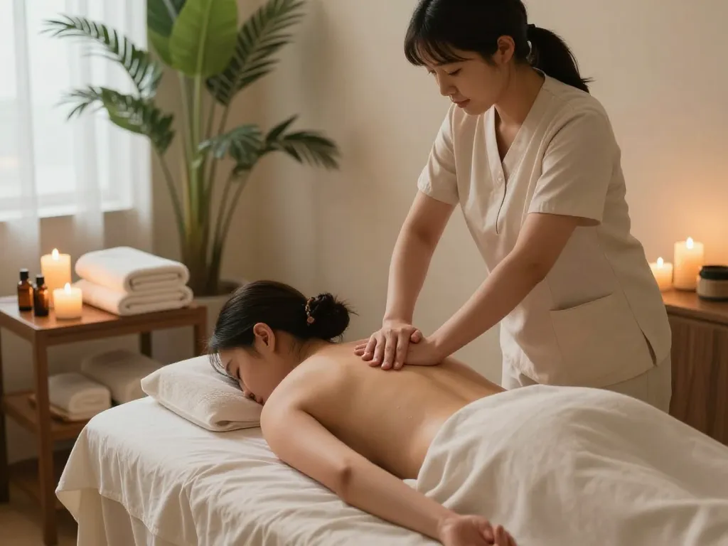 Professional therapist providing a relaxing 역삼동마사지 in a serene spa environment with aromatic candles and soothing ambiance.