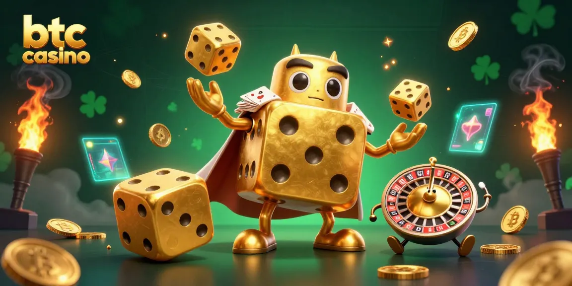 Gioca nel btc casino con un golem di dadi d'oro che juggla monete di criptovaluta e sottofondo dinamico.