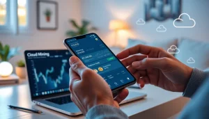 Engaging user interface of a cloud mining app on a smartphone, showcasing real-time mining stats.