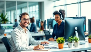 Assisting with IT Helpdesk Solutions in a modern office, showcasing teamwork and technology.