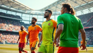 Dynamic display of a sports team kit highlighting unity and energy during a competitive game.