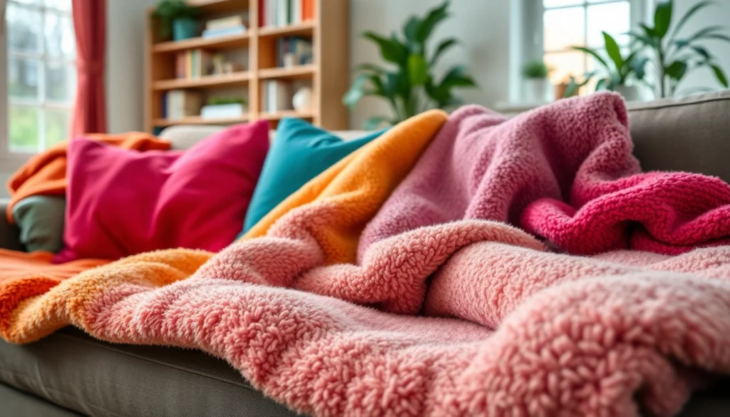 Fleece dekens in verschillende kleuren op een comfortabele bank gericht.