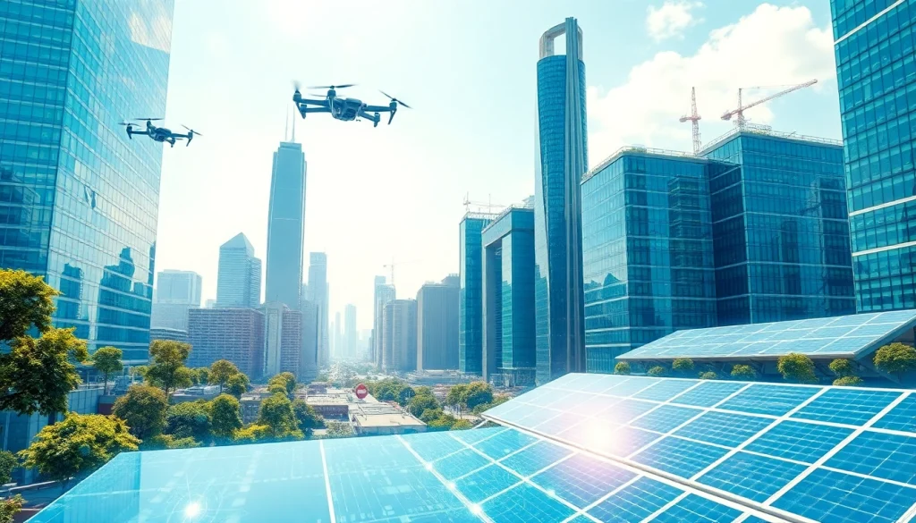 Technology innovation depicted in a vibrant, futuristic cityscape with holograms and digital interfaces.