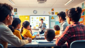 Engaged students in an interactive education lesson with bright classroom ambiance.