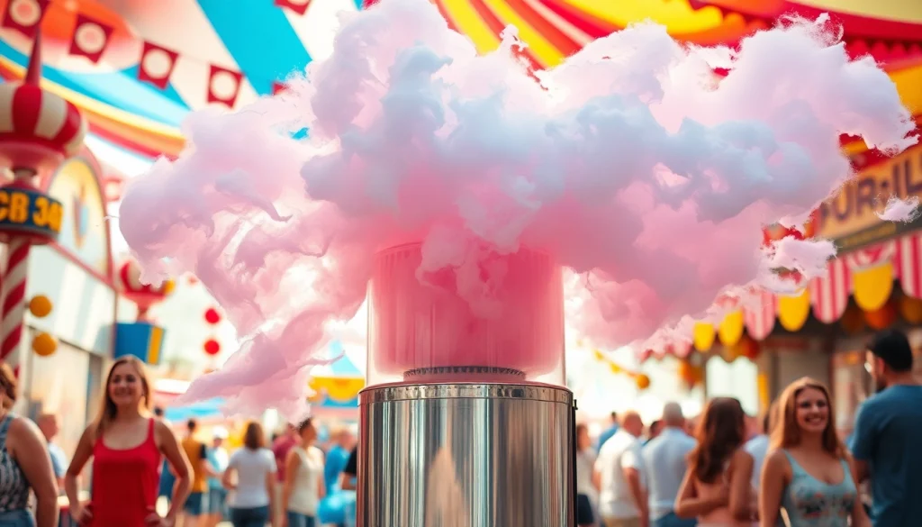 Maak kleurrijke wafel katoen in een vrolijke carnavalsetting met een speciale suikerspinmachine.