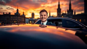 Experience Chauffeur Hire Nottingham with professional chauffeur in luxury vehicle against city backdrop.