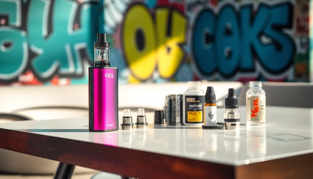 Vorzugsweise vozol Vaping-Gerät zusammen mit trendigen Zubehörteilen auf modernem Tisch.