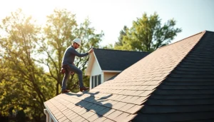 Showcasing reliable roofing services with a professional inspecting a roof.