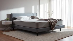 Coprimaterasso matrimoniale elegante e morbido su un letto in una camera ben illuminata.