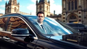 Experience Chauffeur Hire Nottingham with a professional chauffeur in a luxurious sedan outside a historic landmark.
