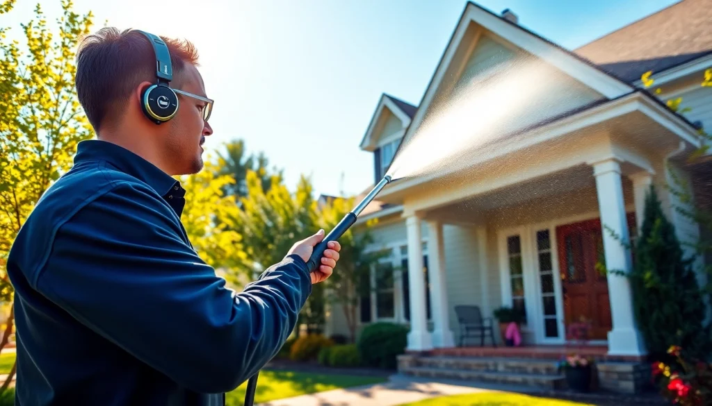 Soft wash service technician cleaning a residential home with low-pressure water, showcasing a pristine exterior.