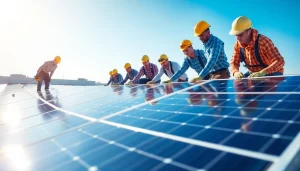 Installing commercial solar panels Lincoln on a bright, sunny rooftop by a professional team.