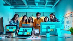 Creative team collaborating on website design, focused on thiết kế website theo yêu cầu for clients.