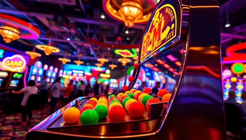 Permainan plink slot menunjukkan mesin slot aktif dengan bola warna-warni yang jatuh.