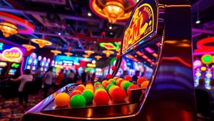 Permainan plink slot menunjukkan mesin slot aktif dengan bola warna-warni yang jatuh.