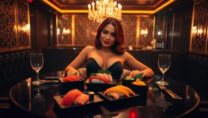 Body sushi dining experience at Club Noir, highlighting sushi artfully placed on a model's body.