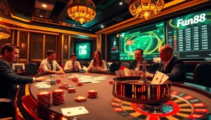 Players engrossed in a thrilling poker game at Fun88 link, featuring vibrant chips and dynamic action.