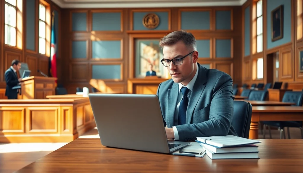 Professional soudní překladatel working in a courtroom, showcasing legal translation accuracy.