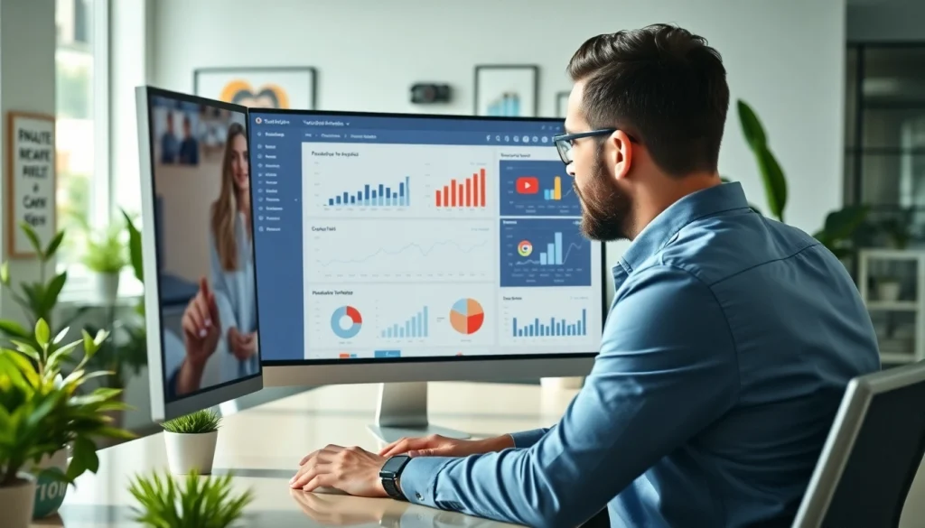 Analyze the youtube smm panel growth statistics in a modern office with data analytics visuals.