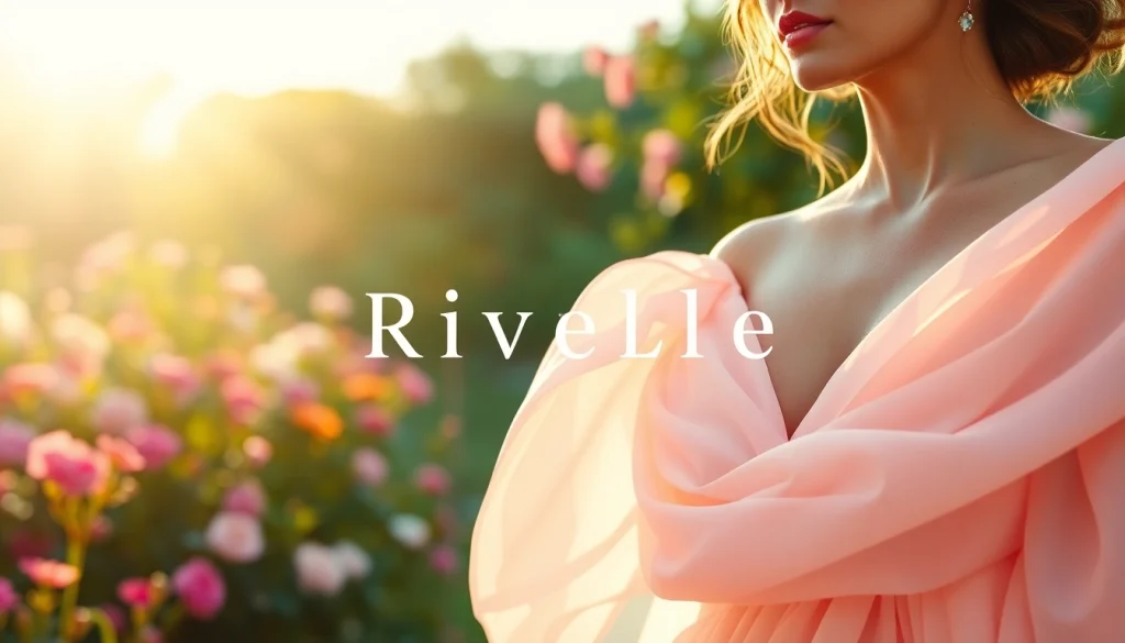 Rivelle elegantly showcases a stylish woman in a pastel gown surrounded by lush garden scenery.