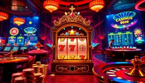 Para pemain merayakan kemenangan besar di mesin slot dewanaga89 dalam suasana kasino yang hidup.