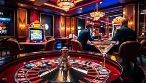 Action-packed casino scene featuring a roulette table and poker players at https://thabet.vegas/ for an immersive gambling experience.