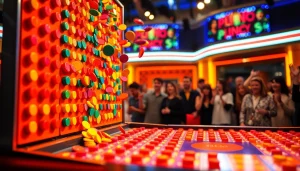 Permainan plinko yang menarik dengan chip berwarna cerah jatuh dari dinding pin.