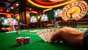 Experience high-stakes poker at https://jun88buzz.info/, featuring chips and cards in a luxurious casino.