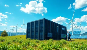 Cloud mining site with modern tech, wind turbines, and solar panels demonstrating sustainability and innovation.