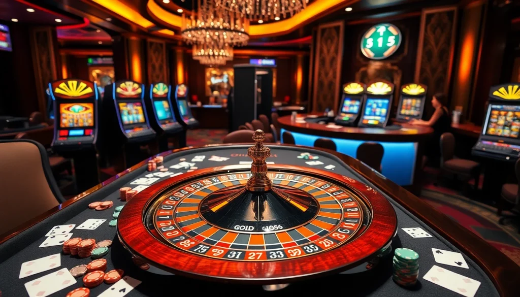 Exciting casino scene showcasing live gaming action at god55 with chips, cards, and roulette wheels.