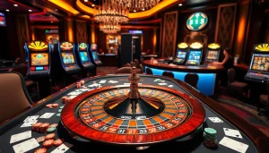 Exciting casino scene showcasing live gaming action at god55 with chips, cards, and roulette wheels.