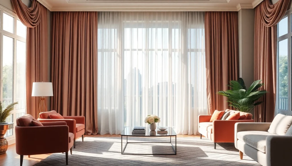 Verken luxe gordijnstof in een elegante woonkamer setting met zachte, natuurlijke verlichting.