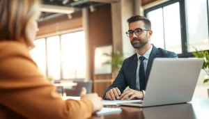 Real estate lawyer consulting with a client in a bright, professional office setting.