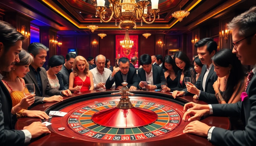 Experience luxury and excitement in this casino scene featuring players and the phrase "Nếu như vậy bám vào đây" at the roulette table.