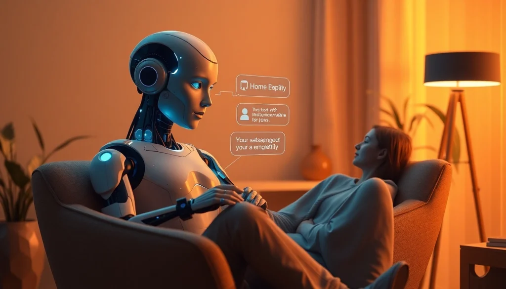 AI sex companionship scene with a supportive AI figure and relaxed human, showcasing emotional connection.
