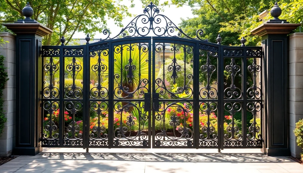 Beautiful custom steel gates enhance a welcoming garden entrance.