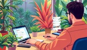 Highlighting a paid link in bio for creators setup on a laptop amidst a vibrant workspace.