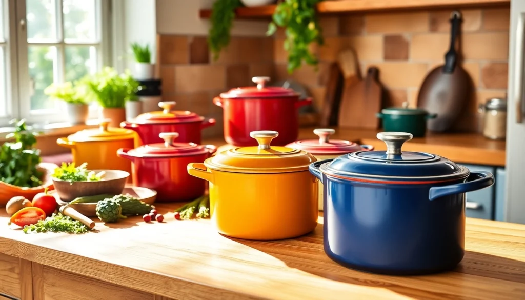 Showcase Le Creuset NZ cookware beautifully arranged in a vibrant kitchen scene.