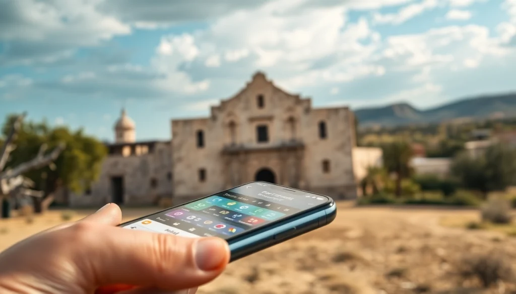 Explore sports betting apps Texas showcased on a smartphone amidst iconic Texas scenery.