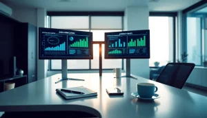 Contact data verification tools displayed in a modern office with dual monitors showing data analytics.