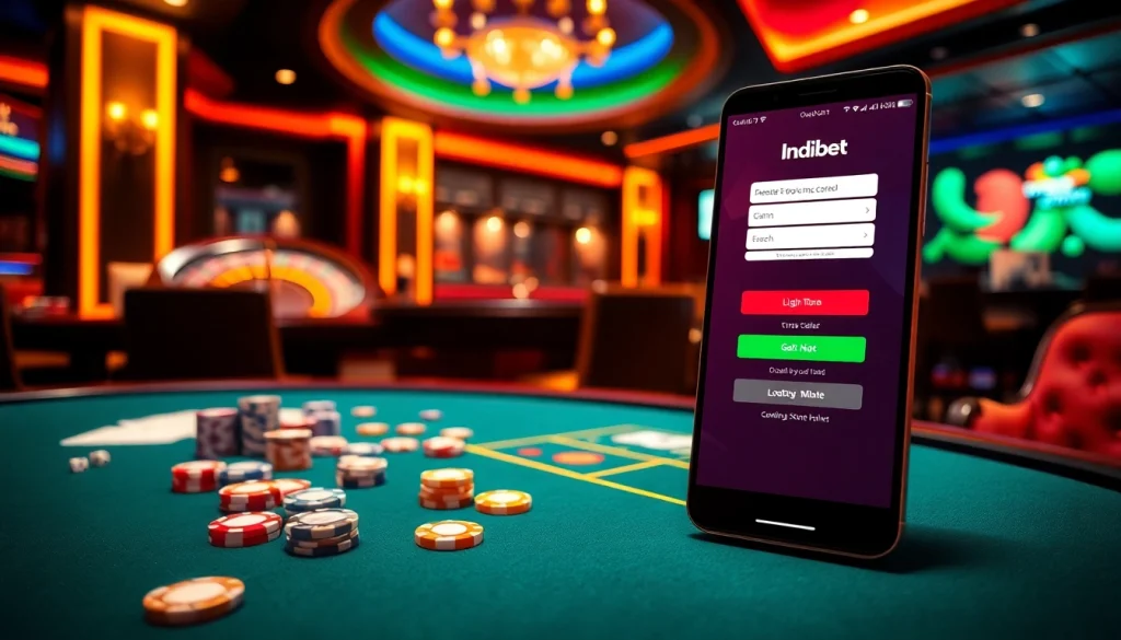 Catch the thrill of indibet game login in a vibrant casino with poker tables and digital screens.