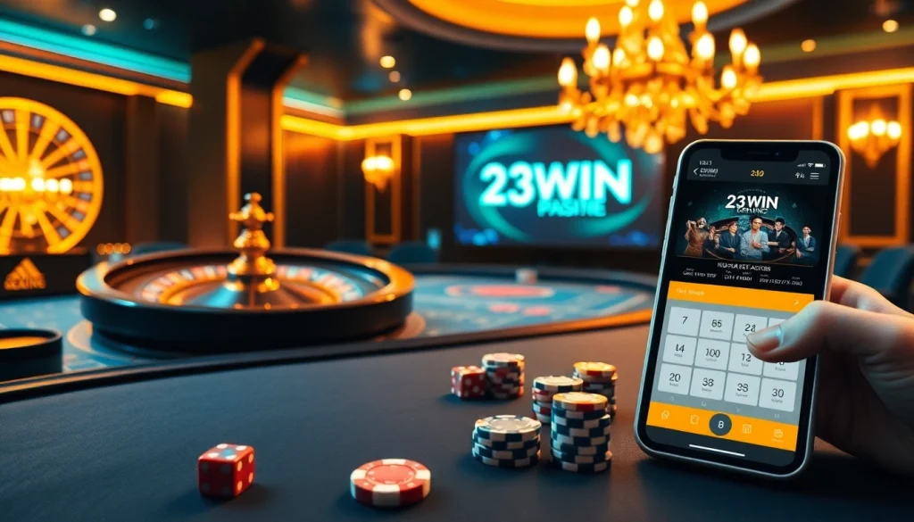 The excitement of winning at 23WIN's online casino with luxurious poker tables and roulette wheels.