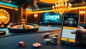 The excitement of winning at 23WIN's online casino with luxurious poker tables and roulette wheels.