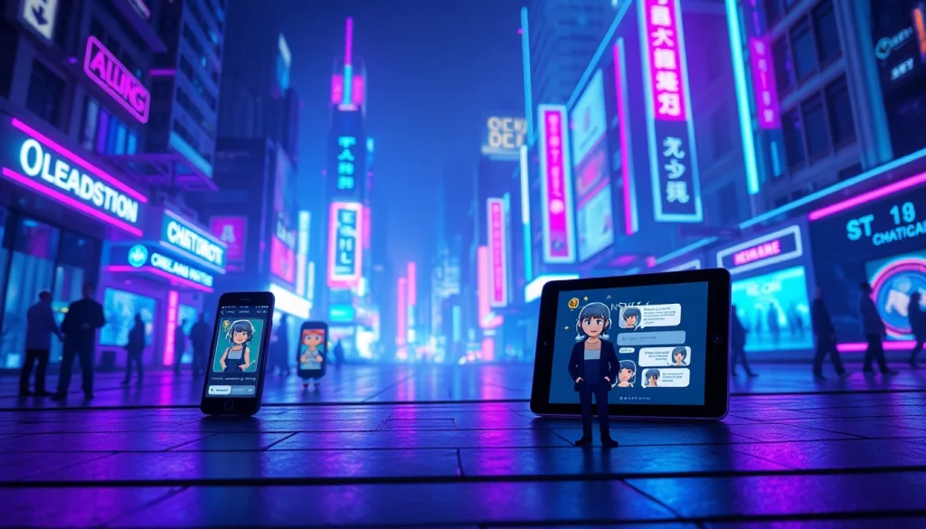 NSFW AI chat platforms displayed on modern devices in a vibrant neon cityscape.