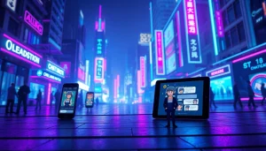 NSFW AI chat platforms displayed on modern devices in a vibrant neon cityscape.