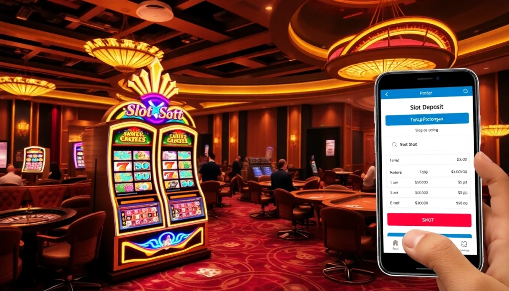 Pemain-pemain yang menikmati permainan slot deposit pulsa tanpa potongan yang penuh warna di kasino yang ramai.